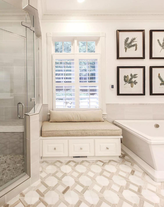 Marble look tile in bathroom
