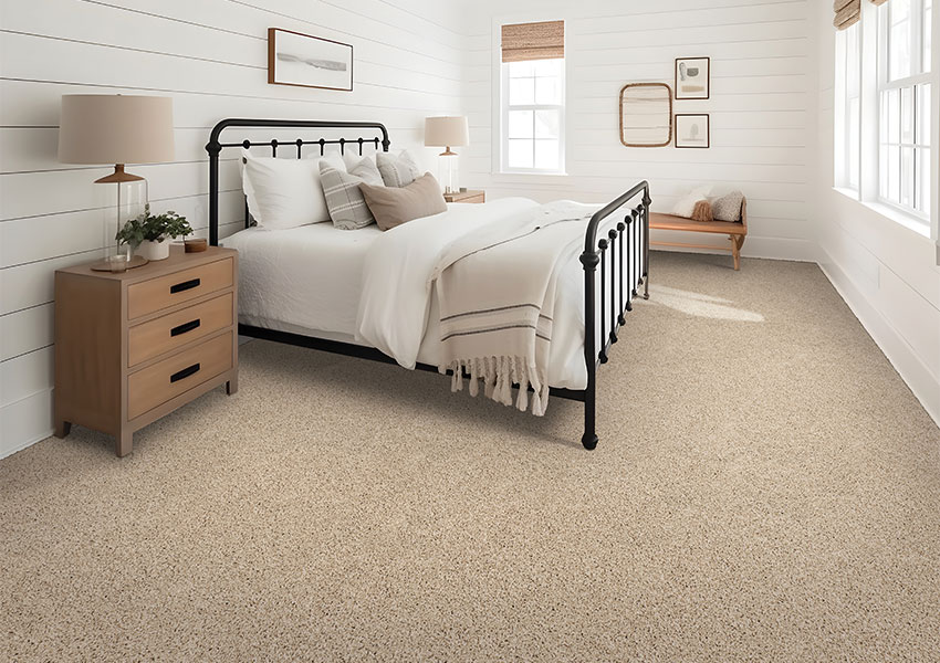 beige carpet in Scandinavian-inspired bedroom